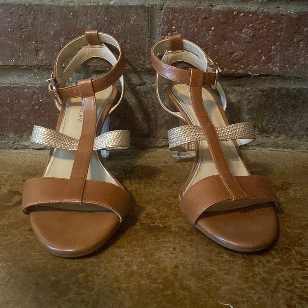ANTONIO Melani tan and gold leather Strappy block heeled sandals